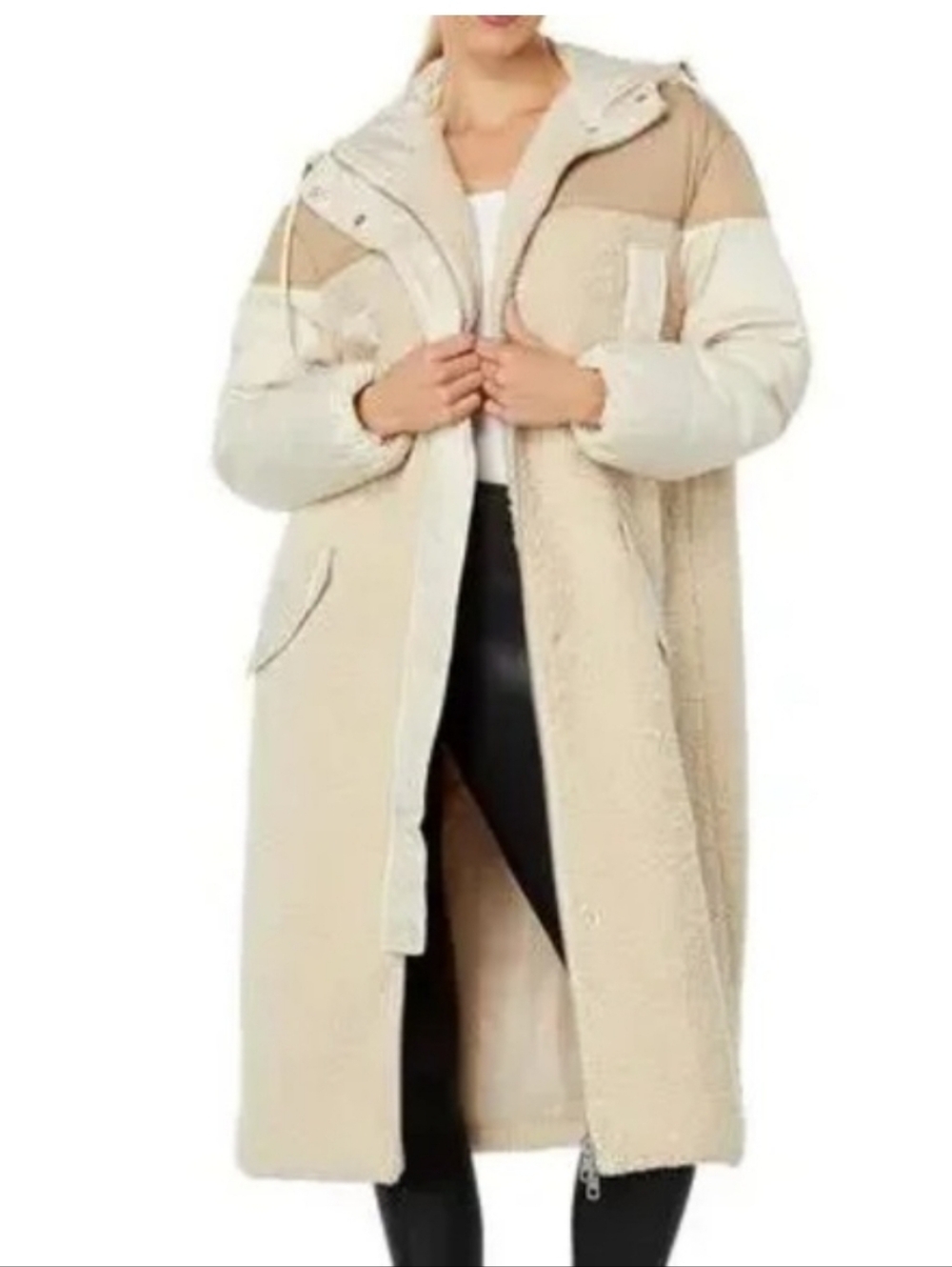 7 For All Mankind Womens Medium Faux Shearling Quilted Hooded Parka  Tan & Cream